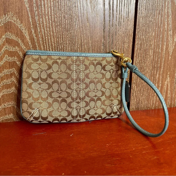 Coach Teal Monogram Wristlet Leather Canvas Small Purse Zip Pouch Cosmetic bag - Picture 6 of 8